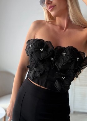 Бюстие черно с цветя